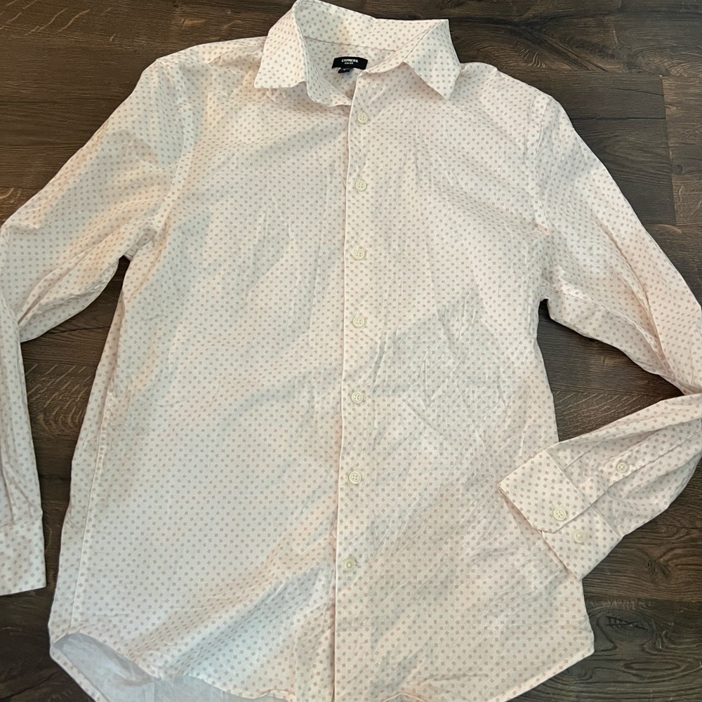 Men's White Patterned Shirt from Express Small Slim 1MX Button Down